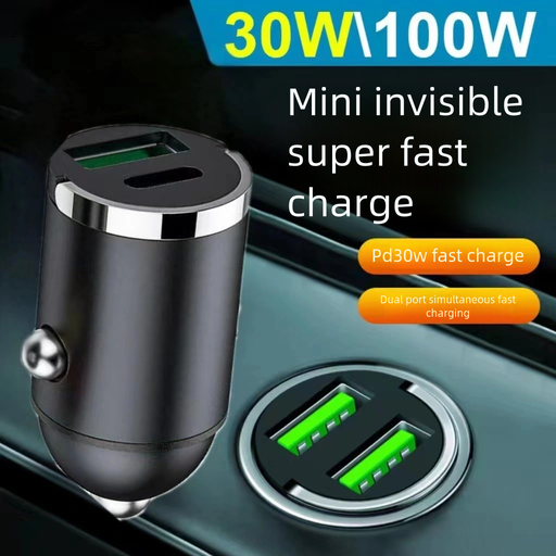 Metal 100W Car Charger Pull Ring PD30W Super Fast Charge Invisible Car Charger Dual USB Super